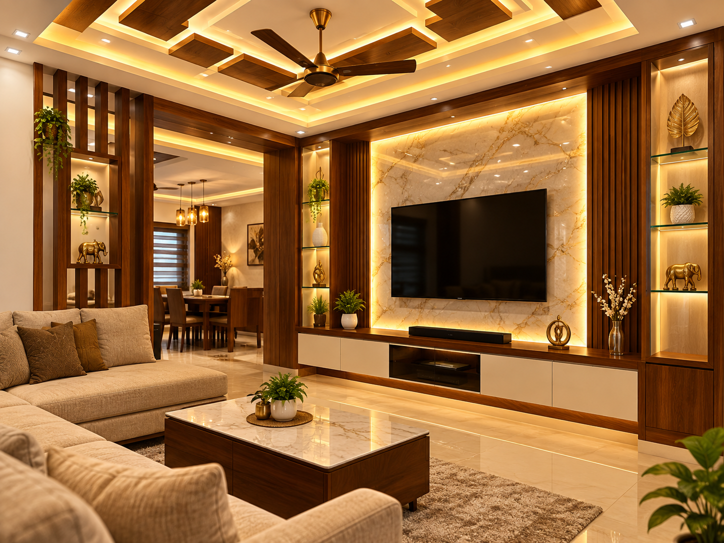 TV unit wall with wood cladding and storage